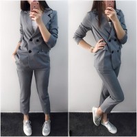 Work Fashion Pant Suits 2 Piece Set for Women Double Breasted Striped Blazer Jacket
